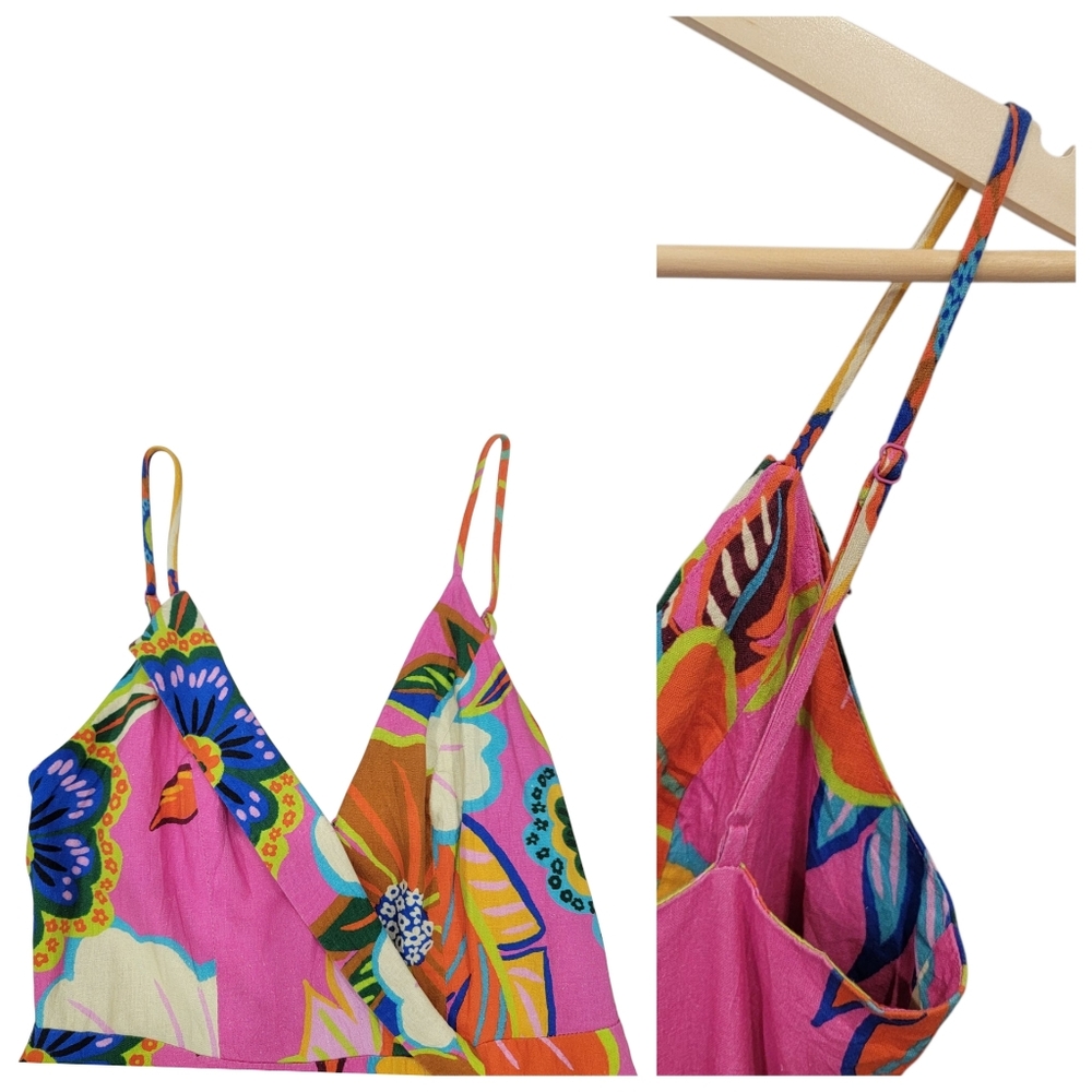Farm Rio Garden Mini Dress Faux Wrap Pink Linen Blend Bright Neon Colorf… - Picture 9 of 17